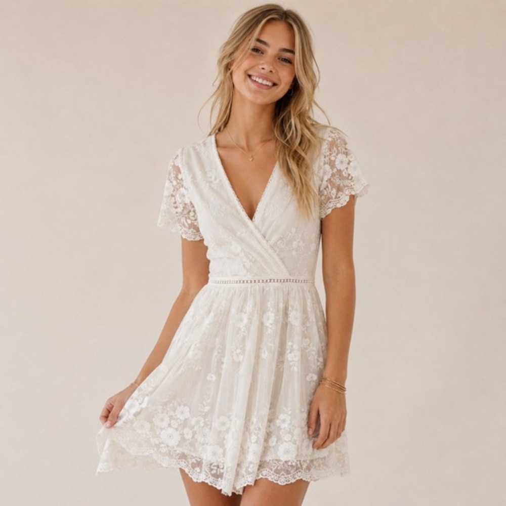 Everly Women's Size S Ivory White Lace Sheer Lined Crochet Sh. Sleeve Mini Dress